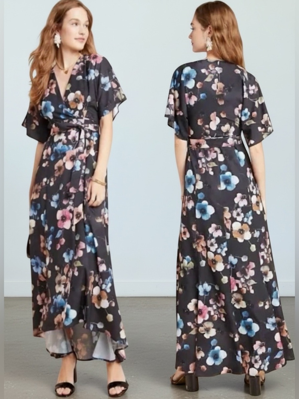 Anthropologie Monaco Hutch Black Floral Wrap Maxi Dress Size Small